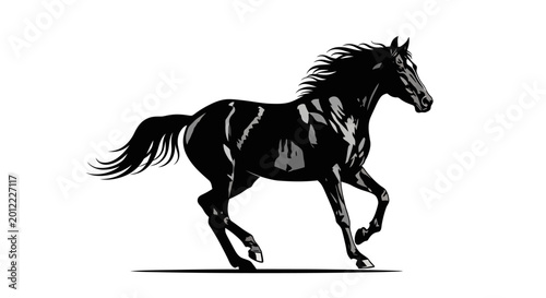 Fotografie Black Horse Running Free Fast Galloping.
