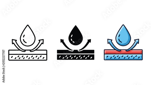 Foto Waterproof fabric icon set, liquid drop on material layer with arrows