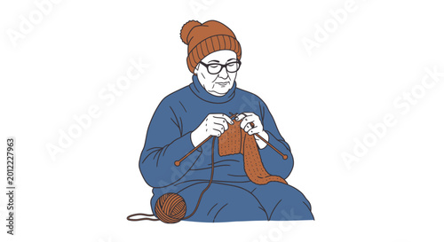 Fotografia Elderly woman knitting with yarn.