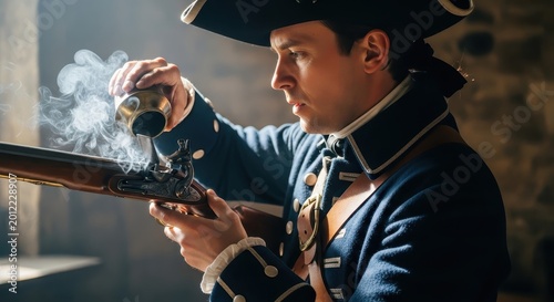 Colonial soldier carefully loads gunpowder into the pan of a muzzle-loading flintlock musket.