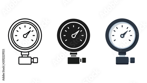 Konstfotografi Pressure gauge vector illustration in three styles: line art, silhouette, and fl
