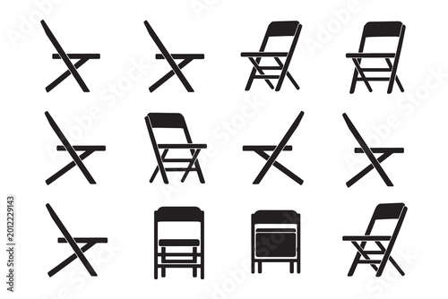 Various styles of folding chairs and tables isolated on transparent background