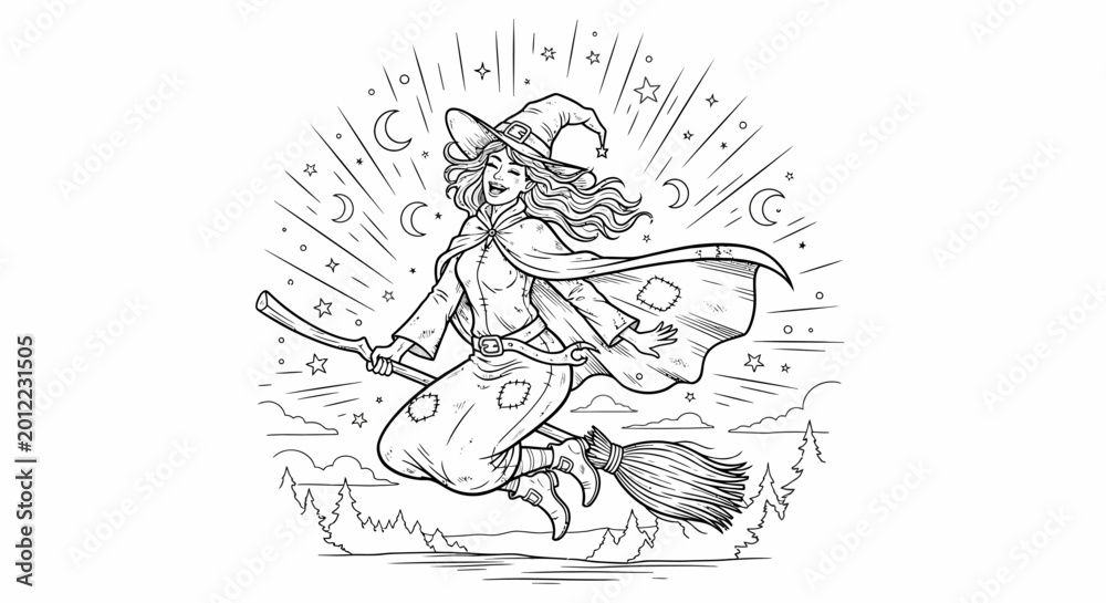 Obraz premium Happy witch flying on a broomstick, magical woman illustration with stars and moon, fantasy art for Halloween coloring book