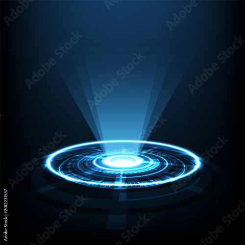 Abstract background with tech circles and  blue rays