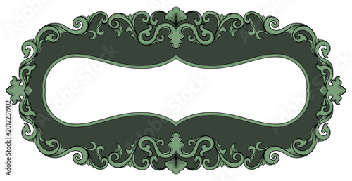 A lavishly decorated green baroque border frame with filigree floral patterns and intricate openwork, in a vintage style.
