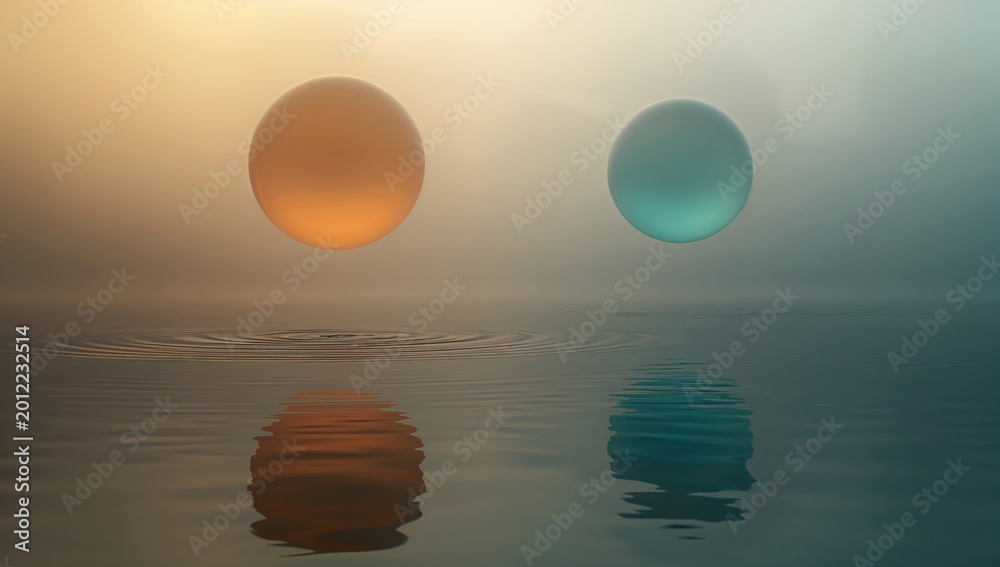 Fototapeta premium Abstract concept of orange and teal glowing orbs hovering above reflective water with ripples under a soft hazy ambient light during dawn or dusk