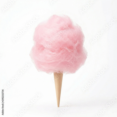 Pink cotton candy on a wooden cone against a white background  