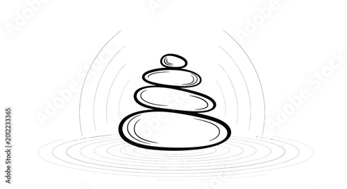 Canvas Print Hand drawn balanced stone cairn with peaceful water ripples