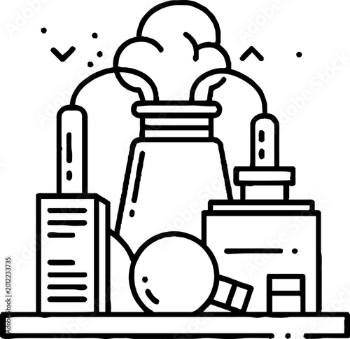 Industrial factory with cooling tower and chemical laboratory equipment