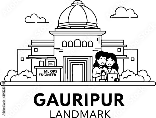 Sad couple with laptop in front of domed landmark building