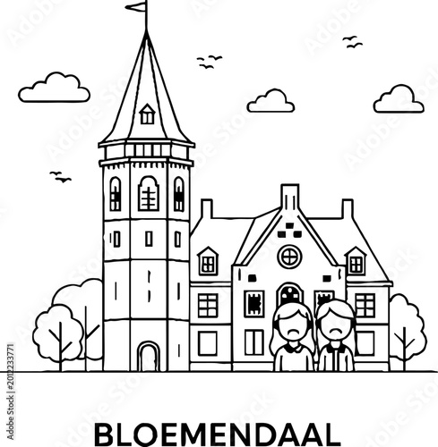 Bloemendaal historical architecture with tower and unhappy people
