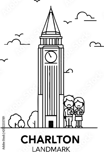 Historic city clock tower with tourists line art