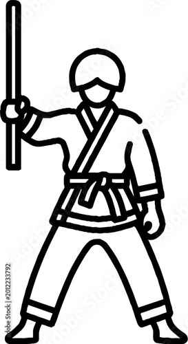 Martial arts practitioner with wooden staff line art