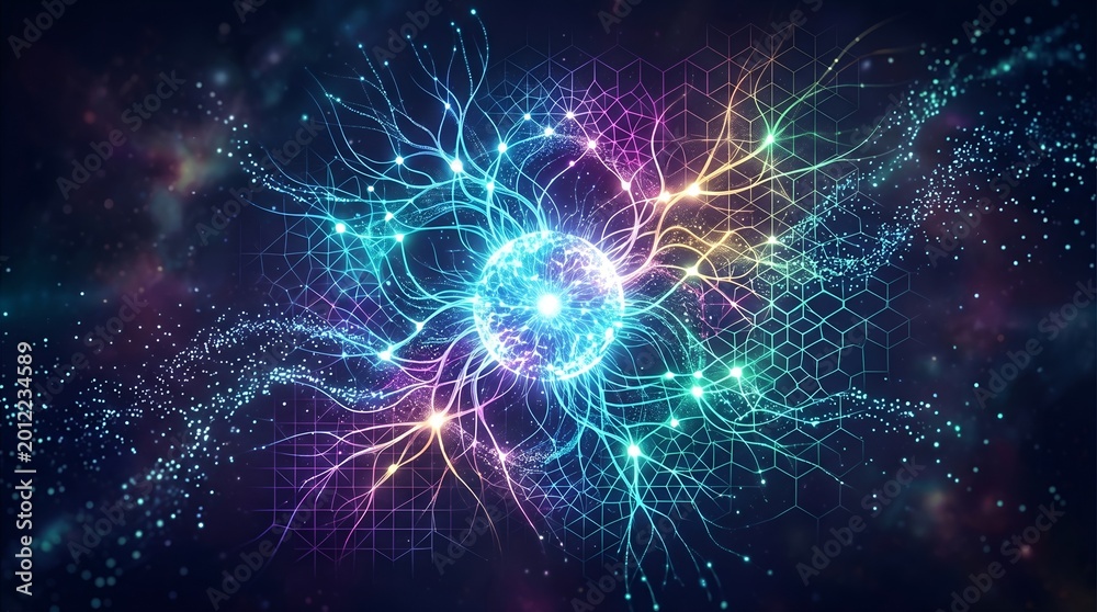 Fototapeta premium Abstract Artificial Intelligence Concept with Glowing Neural Network and Digital Particle Flow Background
