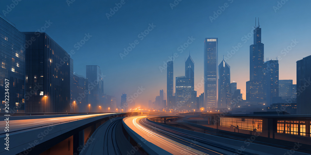 Fototapeta premium Urban night scene with elevated highway, light trails from traffic flow, and illuminated skyscrapers in misty twilight