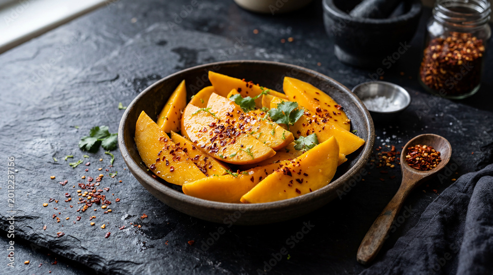 Fototapeta premium Sliced Mango with Red Chili Flakes on Dark Stone Background Creative Spicy Fruit Dessert Styling Photography