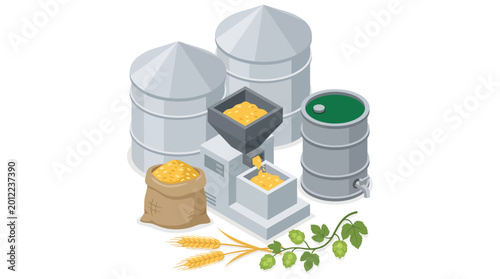 Φωτογραφία A vibrant agricultural illustration features large metal silos, a mechanical gri