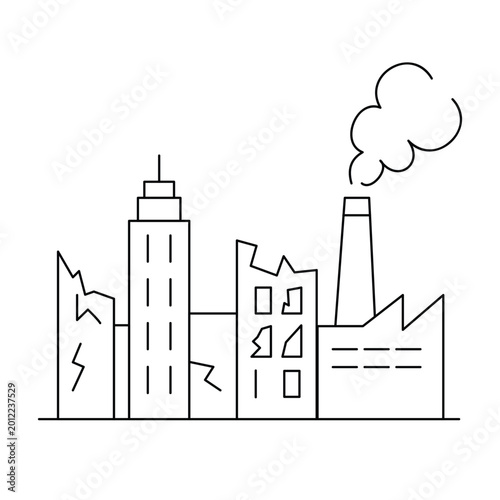 Destroyed city icon ruined buildings and factory smoke outline vector illustration.Editable stroke, Vector illustration, Line art Icon, Symbols.