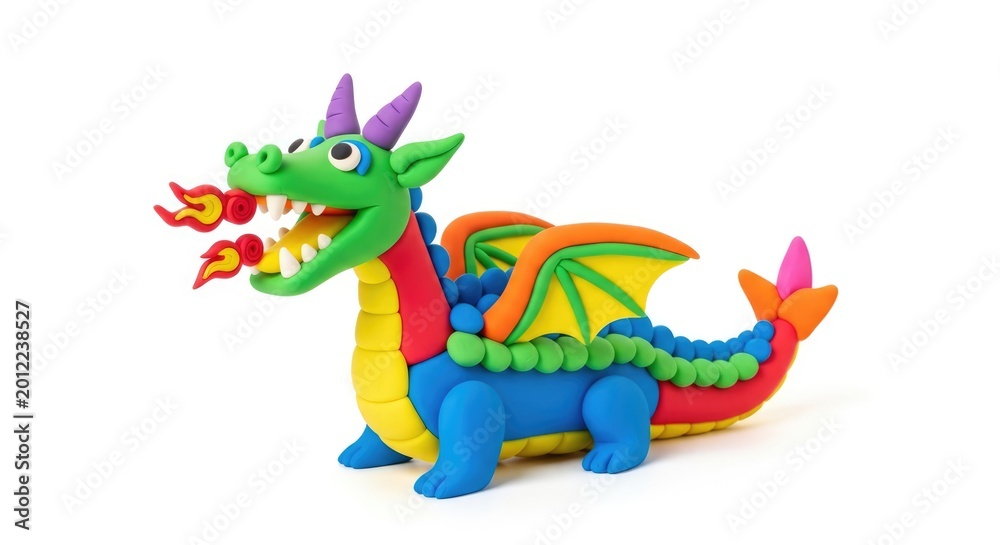 Fototapeta premium Colorful Clay Dragon Breathing Fire on White Background