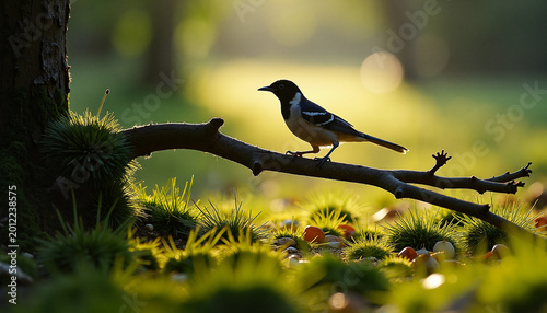 Bird perched on a branch in a serene forest at sunset with soft bokeh background