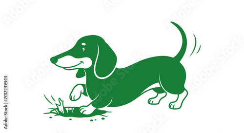 Green cartoon dachshund dog sniffing grass patch illustration