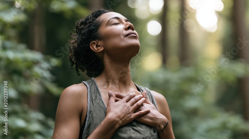 Peaceful mental health lifestyle with person practicing deep breathing outdoors in natural environment