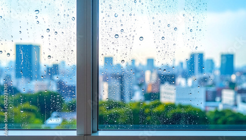 Konstfotografi 雨粒のついた窓ガラス越しに見える都市の風景