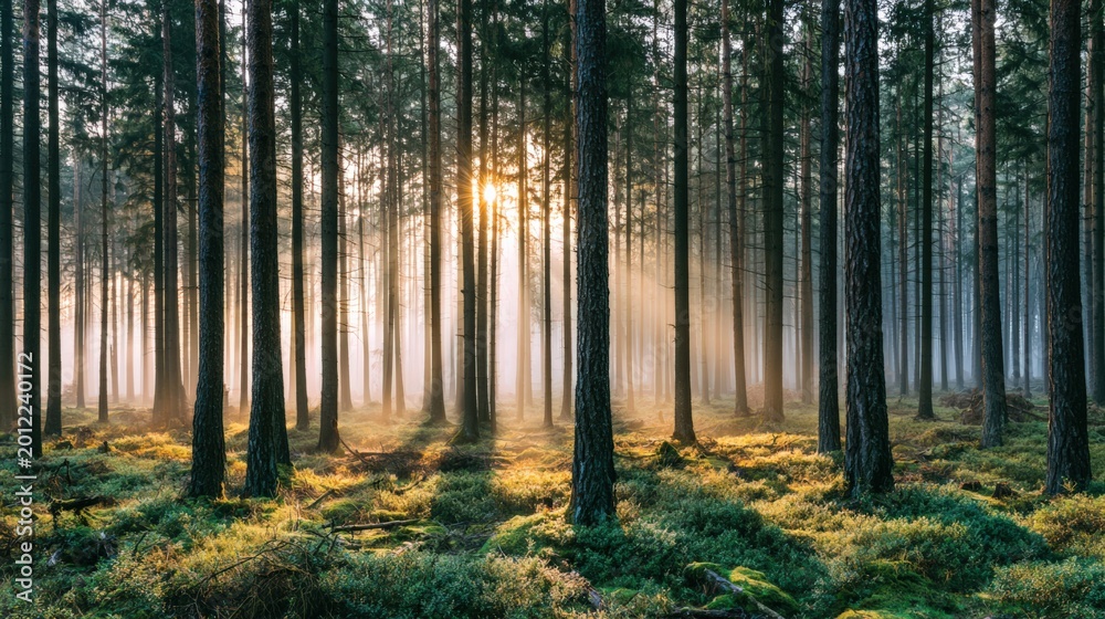 Fototapeta premium Forest sunlight rays through trees environmental conservation and sustainable nature concept