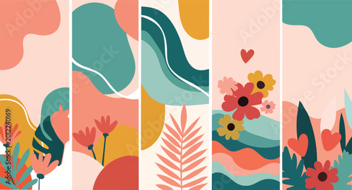 Set of five vertical abstract floral and organic shape banners in pastel colors