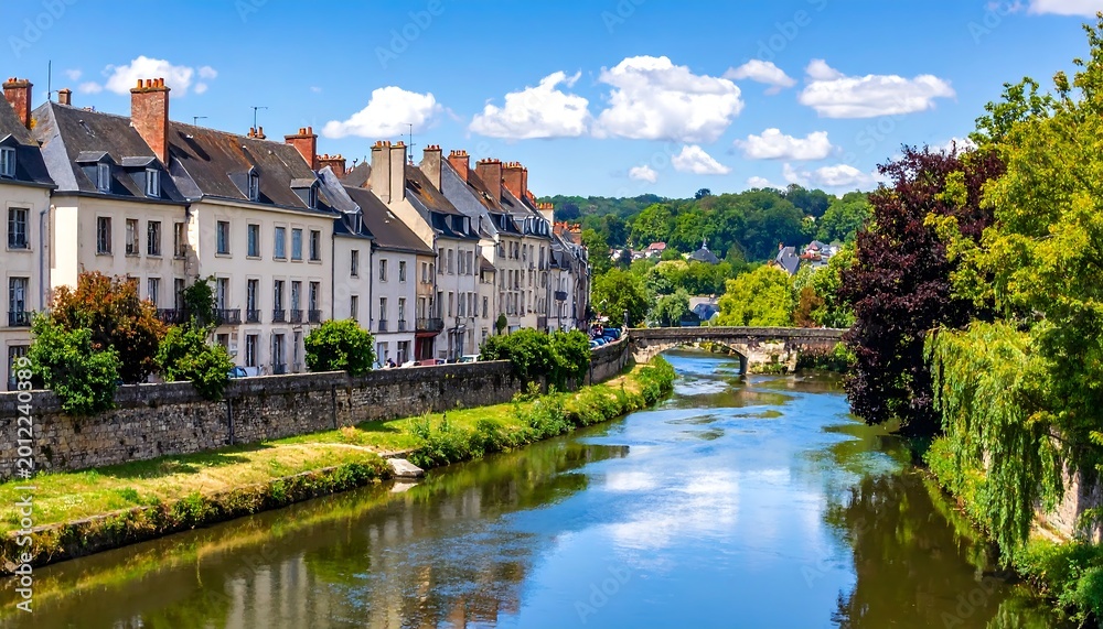 Fototapeta premium A scenic waterway flows gently past historic buildings with charming architecture, under a stone bridge, on a bright sunny day