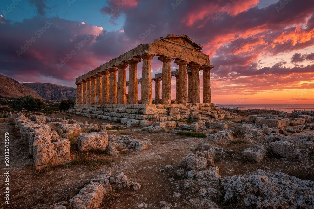 Fototapeta premium Ancient Temple Ruins at Sunset with Vibrant Sky