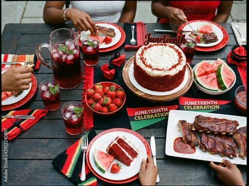 People gather around a festive Juneteenth table adorned with red velvet cake, barbecued ribs, watermelon, strawberries, and refreshing red drinks.