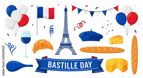 Fotografía Bastille Day Celebration: Eiffel Tower, French Flag, Balloons, Food, Beret