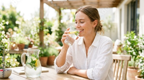 A woman in a white shirt drinking water from a glass with a lemon slice.