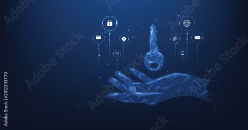Concept of cybersecurity and network protection. Key icon in robotic hand on a dark blue background. Secure technology. Vector illustration.