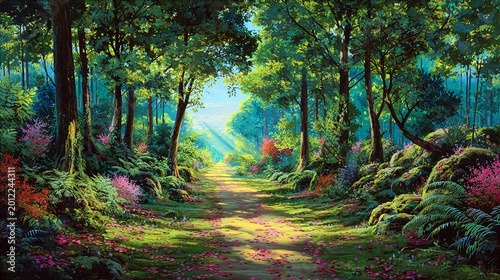 Illustration of forest picturesque landscapes around simple dirt roads.