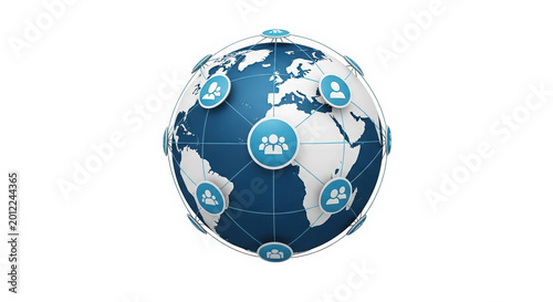 A blue and white globe with people icons on a transparent background