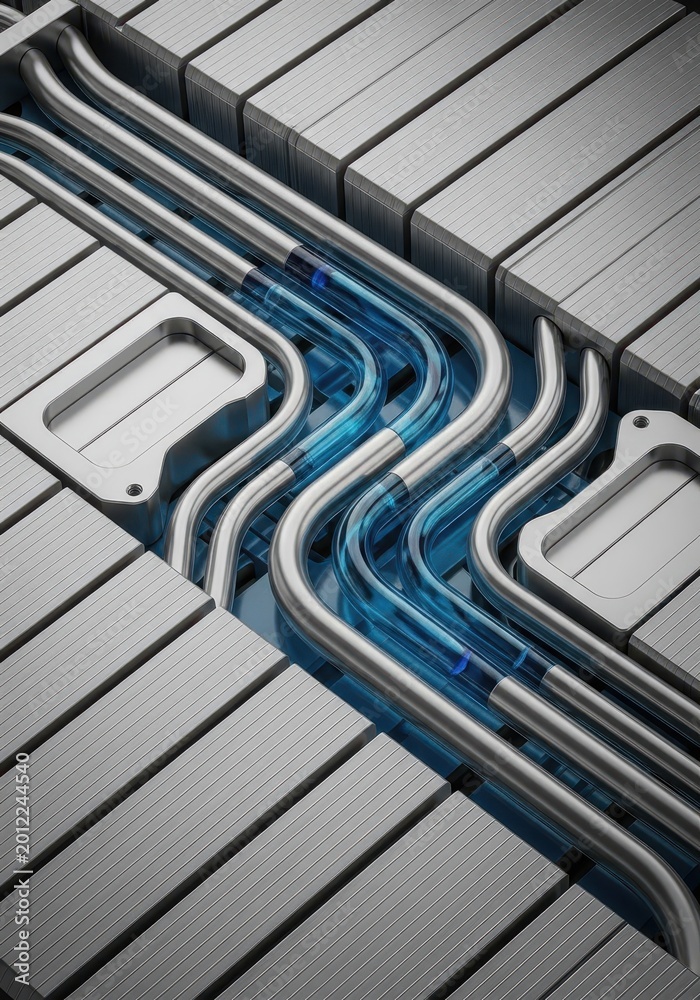 Fototapeta premium Complex industrial cooling system features translucent blue pipes integrated into a brushed metallic mechanical structure.