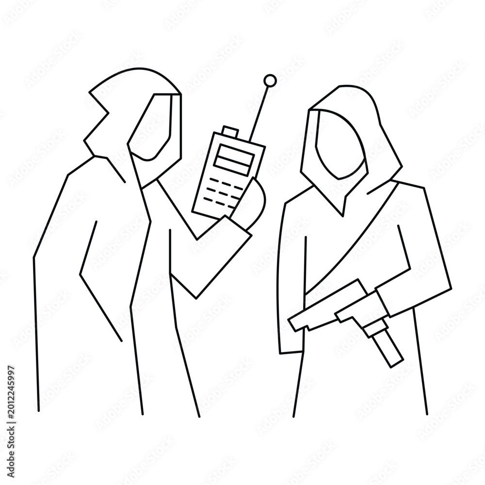 Naklejka premium Guerrilla soldiers wearing hoods holding radio walkie talkie and handgun.Editable stroke, Vector illustration, Line art Icon, Symbols.