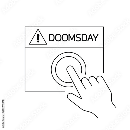 Foto Hand pushing doomsday button warning of nuclear disaster or global apocalypse