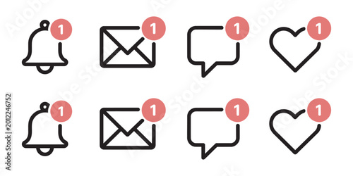 Photos Social media notification icon set featuring bell alerts, message speech bubbles