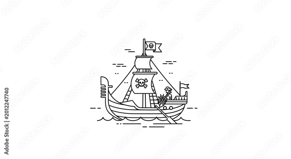 Naklejka premium Pirate Ship with Jolly Roger Flag and Captain Steering