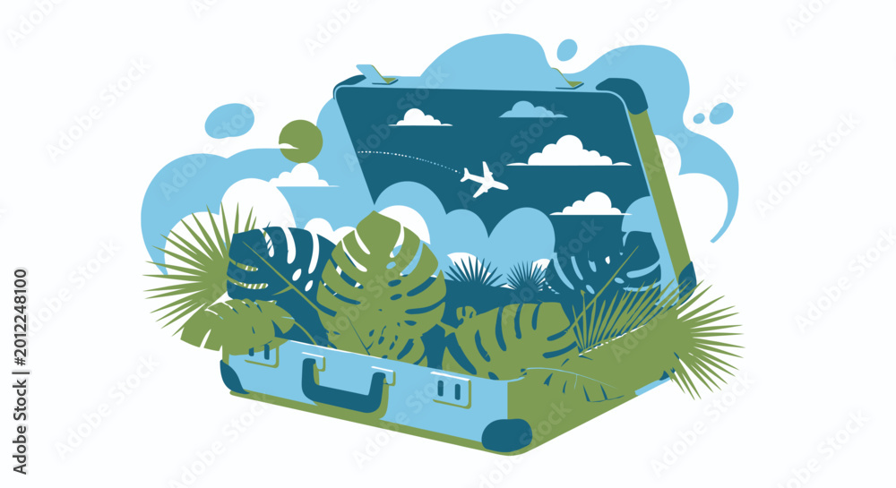 Obraz premium Travel suitcase with tropical jungle landscape, adventure tourism concept for exotic vacations, outdoor exploration and nature inspired travel branding