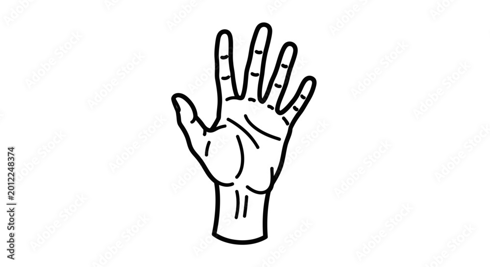 Fototapeta premium Open Hand Line Art Illustration, Five Fingers Raised, Symbol of Help, Greeting, or Stop