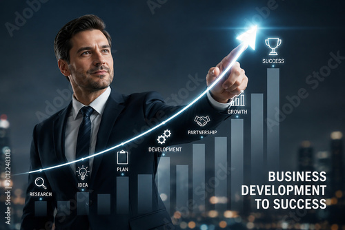 AI-generated image of a businessman pointing at a rising arrow graph, representing business growth, development, and success.