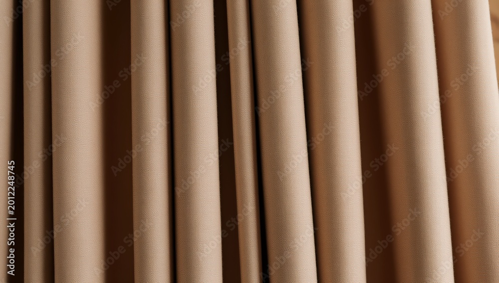 Obraz premium Rich beige fabric curtains with deep vertical folds and textured surface creating elegant drapery and soft shadows