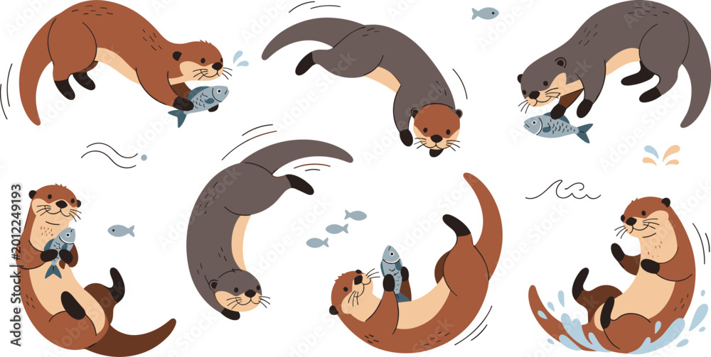 Obraz premium Playful River Otter Character Set Swimming and Catching Fish with Dynamic Water Splashes and Nature Elements for Wildlife Illustration
