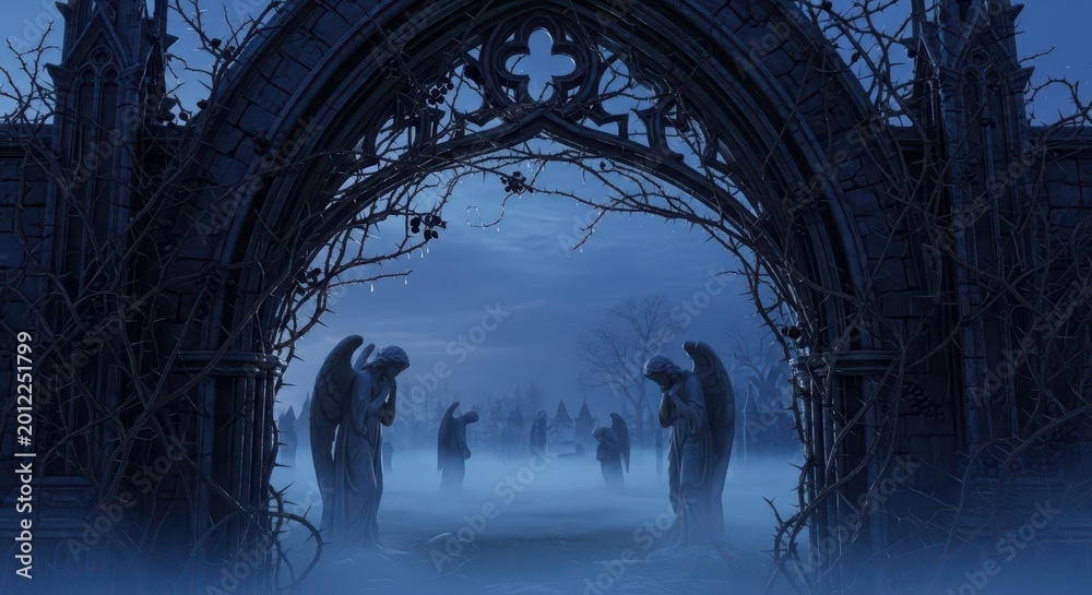 Fototapeta premium Stone angel statues stand in a mist-covered cemetery beneath an old gothic archway at night.