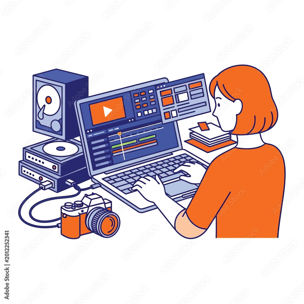 Fototapeta premium A person editing video on a laptop with a camera, hard drive, and speaker nearby, illustrating digital content creation.