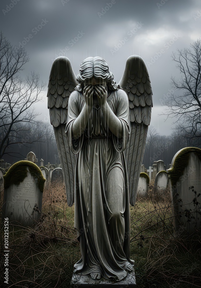 Fototapeta premium Weeping stone angel statue stands amidst an old cemetery under a dark and rainy sky.